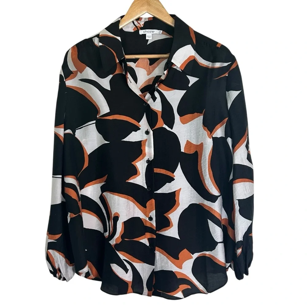 NWT Chico’s Santa Maria blouse Abstract Black and Orange Women's Top size 14 - Picture 2 of 8